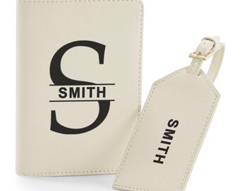 Personalised Passport Wallet and Luggage Tag with Name and Initial, Passport Holder, Faux Leather Passport Set, Christmas Gift, Travel Gift