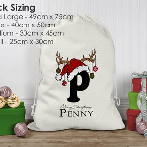 Saco de Papá Noel personalizado, saco de Navidad, saco de juguetes navideño personalizado (nombre e inicial), bolsa de regalo de Navidad, saco de regalo navideño en dos colores imagen 5