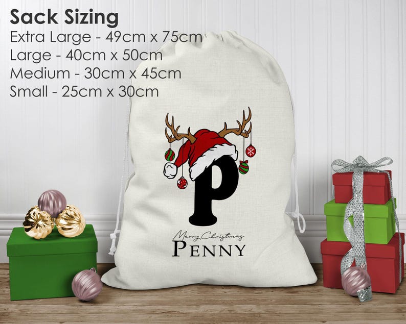 Saco de Papá Noel personalizado, saco de Navidad, saco de juguetes navideño personalizado (nombre e inicial), bolsa de regalo de Navidad, saco de regalo navideño en dos colores imagen 5