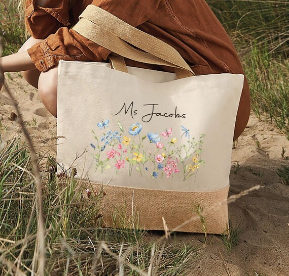 Personalised Floral Teacher Bag in Sizes, Custom Teacher Stuff