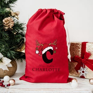Saco de Papá Noel personalizado, saco de Navidad, saco de juguetes navideño personalizado (nombre e inicial), bolsa de regalo de Navidad, saco de regalo navideño en dos colores imagen 7