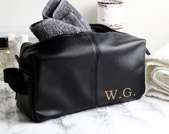 Toiletry Wash Bag PERSONALISED with Gold Monogram | Initials Black Leather Look For Him | Groomsmen | Mens | Dad | Bestman Fathers Day Gift