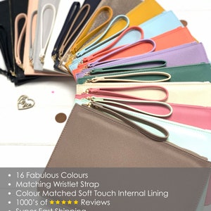 May include: A collection of 16 colorful zippered pouches with wristlet straps. The pouches are made of soft, textured material and have a matching soft touch internal lining. The pouches measure approximately 10.25 inches by 6.7 inches.