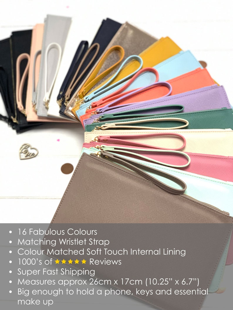 May include: A collection of 16 colorful zippered pouches with wristlet straps. The pouches are made of soft, textured material and have a matching soft touch internal lining. The pouches measure approximately 10.25 inches by 6.7 inches.