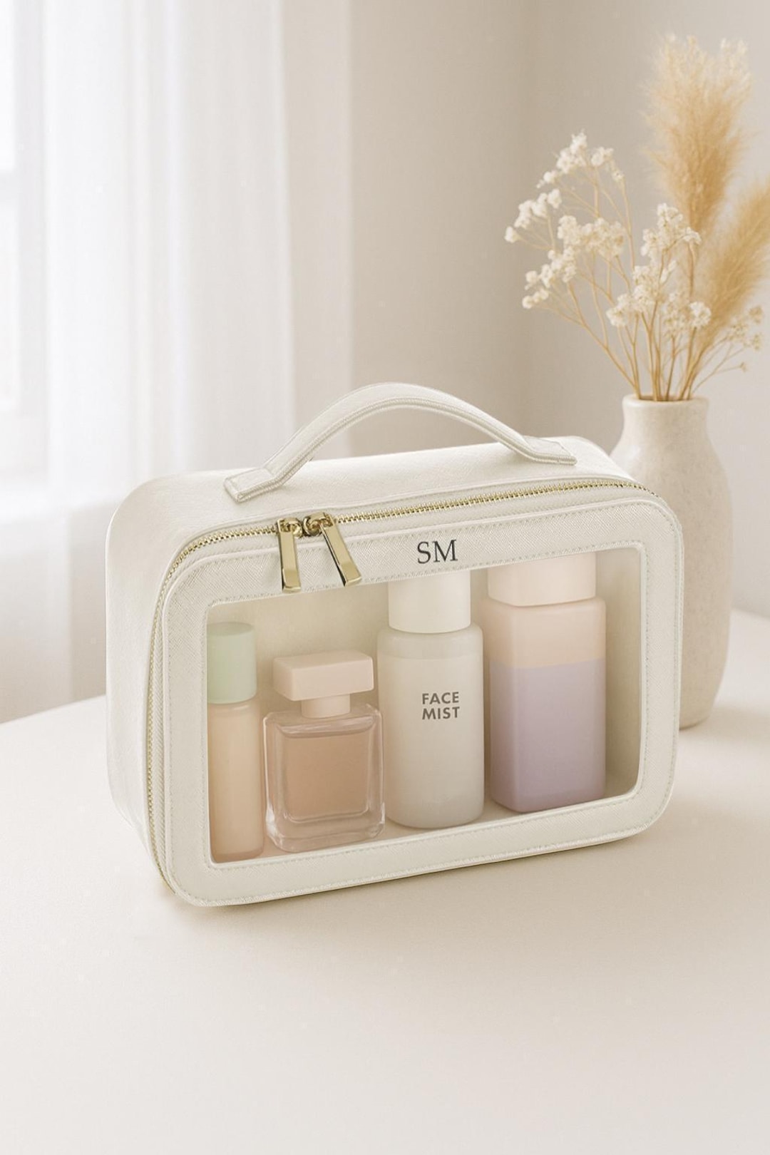 Personalised Clear Cosmetic Bag, Custom Makeup Travel Toiletry Bag, Monogrammed Vanity Case, Bridesmaid Gift for Her, Present for Wife