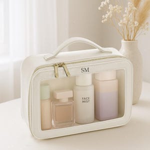 Gepersonaliseerde doorzichtige make-uptas, aangepaste make-up reistoilettas, toilettas met monogram, bruidsmeisje cadeau voor haar, cadeau voor vrouw