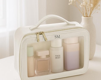 Trousse à cosmétiques transparente personnalisée, trousse de toilette de voyage maquillage personnalisée, trousse de toilette à monogramme, cadeau de demoiselle d'honneur pour elle, cadeau pour femme