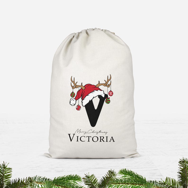 Saco de Papá Noel personalizado, saco de Navidad, saco de juguetes navideño personalizado (nombre e inicial), bolsa de regalo de Navidad, saco de regalo navideño en dos colores imagen 6