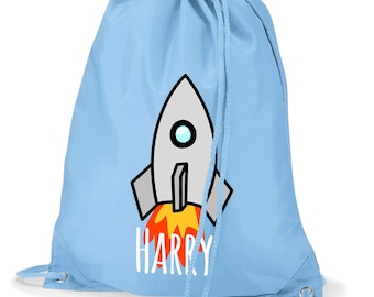 Personalised Gym PE Kit Swimming Bag, Drawstring Backpack, Any Name, Back to School Named Childrens, Personalised Space Rocket Gym Bag Kids