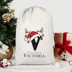 Saco de Papá Noel personalizado, saco de Navidad, saco de juguetes navideño personalizado (nombre e inicial), bolsa de regalo de Navidad, saco de regalo navideño en dos colores imagen 10