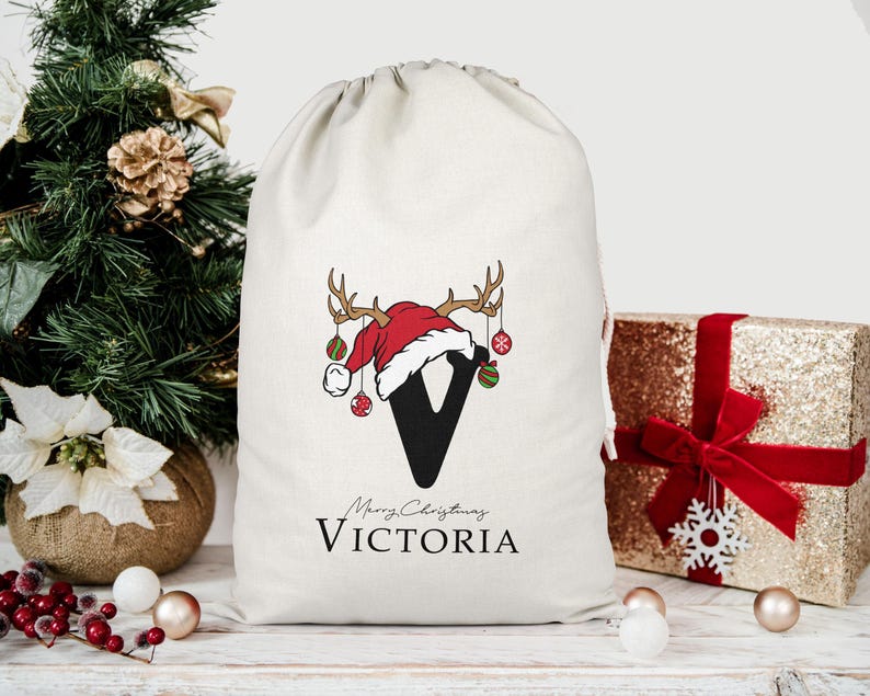 Saco de Papá Noel personalizado, saco de Navidad, saco de juguetes navideño personalizado (nombre e inicial), bolsa de regalo de Navidad, saco de regalo navideño en dos colores imagen 10