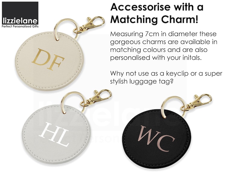three round keychains with personalized initials on them, each with a unique color and charm.