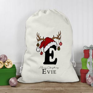 Saco de Papá Noel personalizado, saco de Navidad, saco de juguetes navideño personalizado (nombre e inicial), bolsa de regalo de Navidad, saco de regalo navideño en dos colores imagen 1