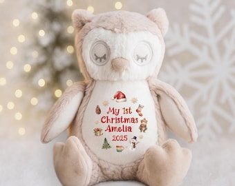 Peluche búho personalizado para la primera Navidad, regalo de Navidad para bebé, peluche grande y suave, peluche personalizado, ideal para rellenar la bota navideña del bebé, peluche pequeño