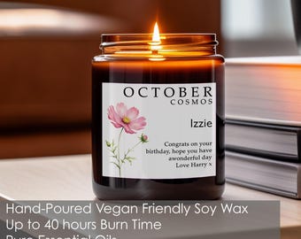 Personalised Birth Flower Candle, Birthday Gift for Her, Mum, Friend, Self Care Gift, Soy Wax Jar with Essential Oils, Gift Box