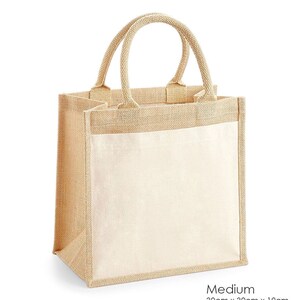 A medium-sized beige canvas tote bag with handles and a front pocket, measuring 30 cm x 30 cm x 19 cm.