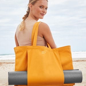 Personalised Yoga Mat Tote Bag, Large Yoga Carry Bag with Pocket, Pilates Gym Tote, Organic Cotton Fitness Bag, Workout Gift for Her