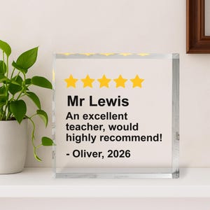 Divertido bloque acrílico personalizado con reseña de 5 estrellas para profesores (regalo de fin de trimestre).