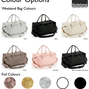 May include: Weekend bag color options in grey, black, oyster, taupe, soft pink, and black with black hardware. Foil color options include metallic rose gold, metallic gold, metallic silver, white, and black.