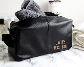 Toiletry Wash Bag PERSONALISED with Gold Name | Mongram Leather Look Bag For Him | Groomsmen | Mens | Dad | Bestman Fathers Day Gifts