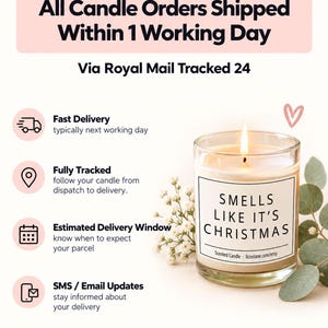 The image is an advertisement for Lizzielane's personalized gift service, highlighting that all candle orders shipped within 1 working day are via Royal Mail tracked 24 hours. The ad features a candle labeled "Smells Like It's Christmas" and includes icons for fast delivery, fully tracked notifications, an estimated delivery window, and SMS/Email updates. The ad also mentions that UK candle orders are exclusive to Lizzielane and that no candles are included in the delivery.