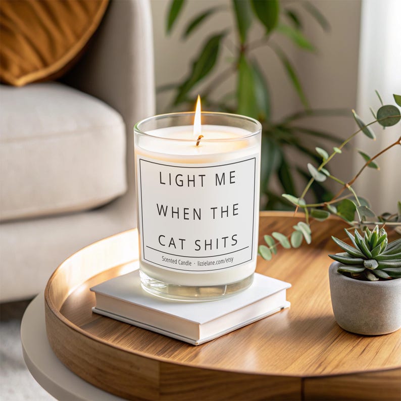 May include: A white candle with a black label that reads "LIGHT ME WHEN THE CAT SHITS". The candle is on a wooden tray with a small white box and a potted succulent.