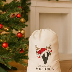 Saco de Papá Noel personalizado, saco de Navidad, saco de juguetes navideño personalizado (nombre e inicial), bolsa de regalo de Navidad, saco de regalo navideño en dos colores imagen 11