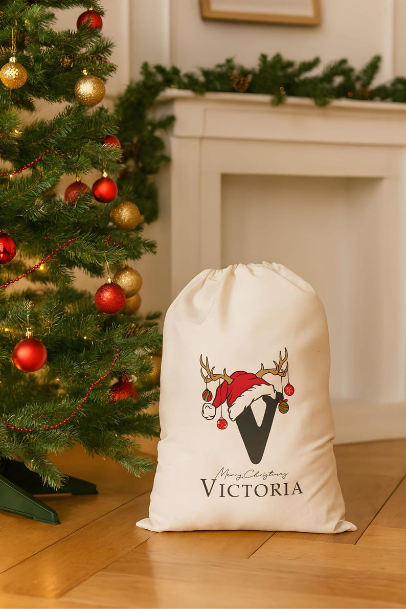 Saco de Papá Noel personalizado, saco de Navidad, saco de juguetes navideño personalizado (nombre e inicial), bolsa de regalo de Navidad, saco de regalo navideño en dos colores imagen 11