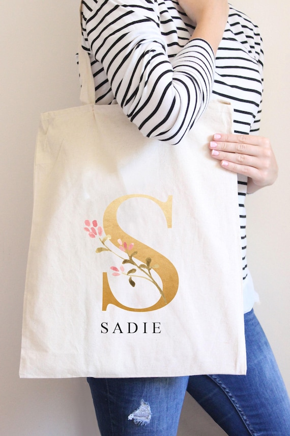 Personalised Tote Bag, Gold Effect Monogram Shopper, Custom Name Bag, Two Colours