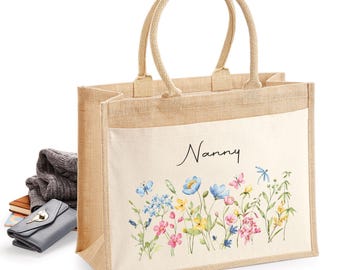 Personalised Jute Tote Bag, Large Custom Shopping Bag, Gift for Mum Grandma Nanny Nan, Watercolour Floral Tote for Birthday or Mother’s Day