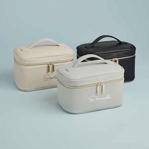 Neceser personalizado con nombre, neceser de viaje de piel sintética de PU, neceser de viaje, neceser rosa, crema, negro y gris.