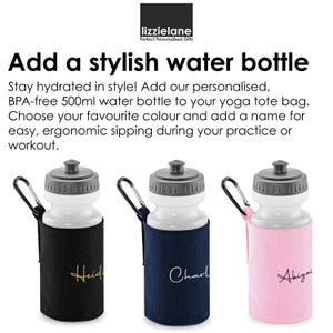 three stylish water bottles with personalized names and colors, along with instructions on how to add a name to the bottle.