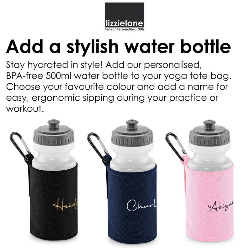 three stylish water bottles with personalized names and colors, along with instructions on how to add a name to the bottle.