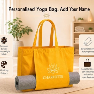 a yellow yoga bag with a mat rolled up inside, placed on a wooden floor in a room with a window and potted plants.