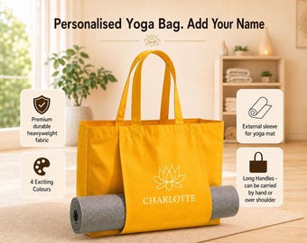 Personalised Yoga Bag with Name, Yoga Tote Bag, Custom Yoga Mat Bag, Pilates Bag, Organic Yoga Bag, Meditation Bag, Yoga Gift Idea