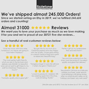 The image is a collage of customer reviews for Lizzielane, a personalized gift shop. The reviews are predominantly positive, with customers expressing their satisfaction with the products and the overall shopping experience. The reviews highlight the shop's excellent customer service, the quality of the gifts, and the convenience of online shopping. The shop has managed to ship almost 245,000 orders, and the reviews praise the shop for its excellent customer service and the quality of the gifts.