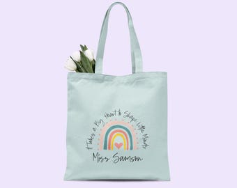 Personalized Teacher Tote Bag - "It Takes a Big Heart" Design - Teacher Thank You Gift, 8 Colors, Custom Name, Sentimental Appreciation Gift