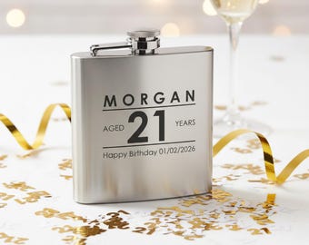 Personalised 21st Birthday Hip Flask Custom "Aged 21 Years" Design Luxury 21st Birthday Gift for Him or Her Milestone Birthday Keepsake