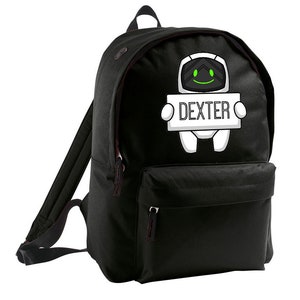 Peut inclure: Sac à dos noir avec un robot blanc tenant une pancarte sur laquelle est écrit "DEXTER".