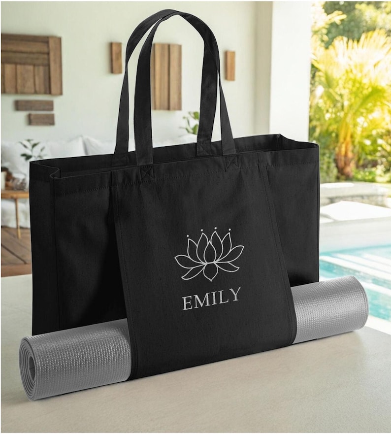 Personalised Yoga Bag with Name, Lotus Design Yoga Tote Bag, Custom Yoga Mat Bag, Organic Pilates & Meditation Bag, Yoga Gift for Her image 3