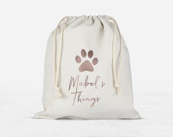 Personalised Dog Stuff Storage Bag, Drawstring Cotton Dog Stuff Bag, Dog Things Drawstring Bag, Personalised Dog Gift, Dog things Sack