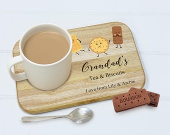 Grandad's Tea & Biscuits Tray, Personalised Tea Serving Board, Wooden Drink Tray, Gift for Grandad, Grandpa, Grandads Drink
