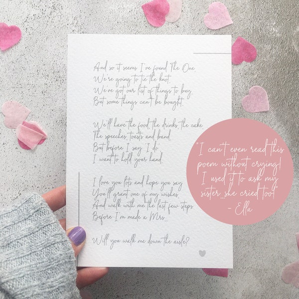 Will you walk me down the aisle?  5x7" Poem Print; Give me away, Mum, Brother, Dad, Sister, Mom, Copyright Clare Designs
