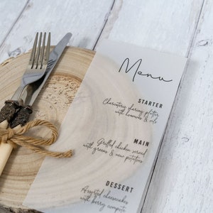 Minimal Vellum Wedding Menu; Simple Wedding Table Setting