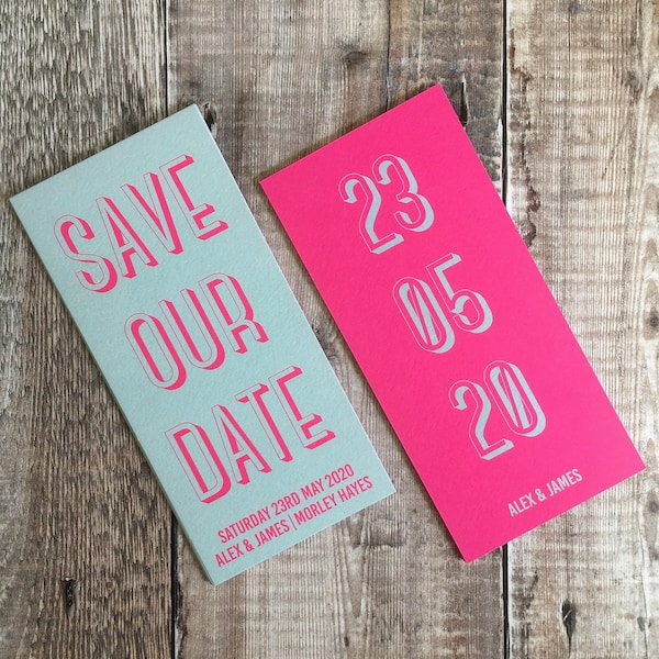 Audaz Save Our Date, Coloridas Invitaciones De Boda, Ideas Alternativas De Boda, Papelería De Bodas Brillantes, Diferentes, Copyright Clare Designs