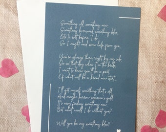 Will you be my something blue? Poem, 5x7" Print, Wedding, Sister, Old New Borrowed, Bridesmaid, Mum, Brother, Friend Copyright Clare Designs