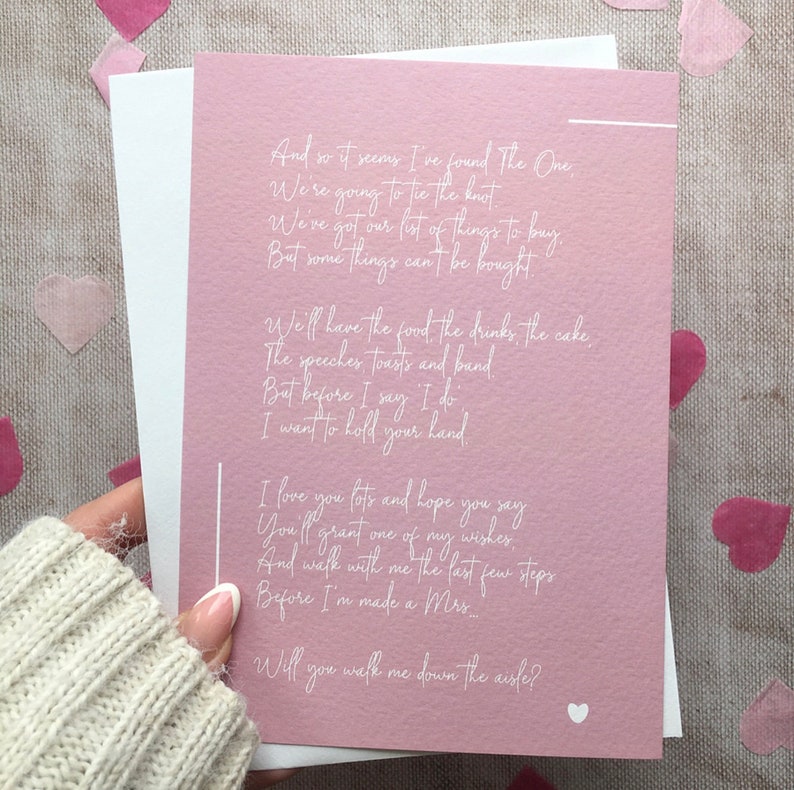 Will you walk me down the aisle Poem Print Give me away, 5x7, Mum, Brother, Dad, Sister, Mom, Grandad Gift Poem, Copyright Clare Designs Dusky Pink