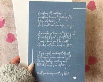 Will you be my something blue? Poem, 5x7&quot; Print, Wedding, Sister, Old New Borrowed, Bridesmaid, Mum, Brother, Friend Copyright Clare Designs