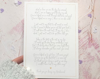 Thank you for being my Bridesmaid/Maid of Honour Poem Print, Wedding Poem, 5x7", Wedding Morning Gift for BM/MOH, Wedding Box Poem Idea