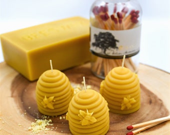 Set of 3 Natural Beeswax Hand-poured Skep Hive Candles